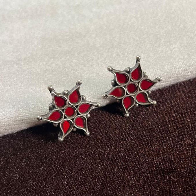 Antique Silver Stud Earring\ with Red Stone Earrings\925 Sterling Traditional Earring for Woman - by Vidita Jewels