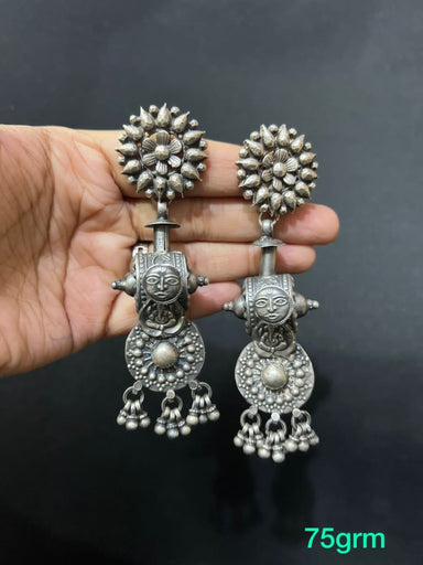 Antique Sun God 925 Sterling Silver Flower Design Dangle Earrings Vintage Tribal Handmade Jewelry Nickel-free - by Vidita Jewels