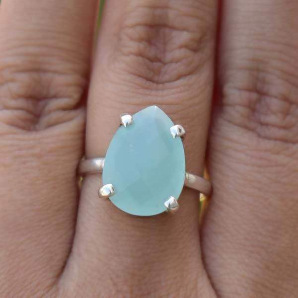 Rings Aqua Ring Blue Chalcedony Ring,925 Sterling Silver Pear Facedet Ring,March Birthstone Ring,Gemstone Ring,Gift for her