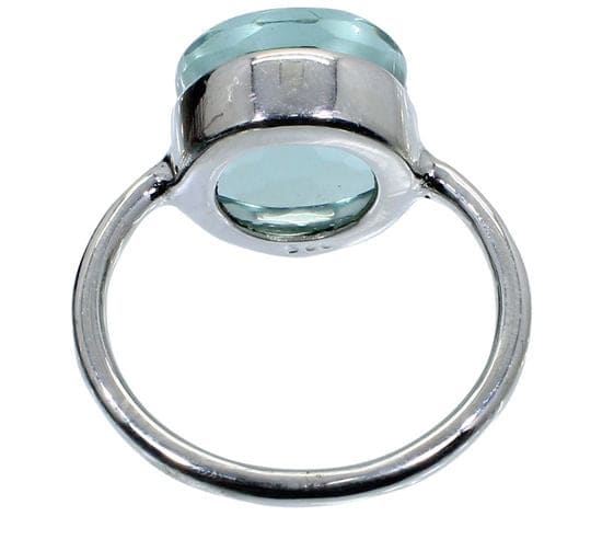 Aquamarine Hydro 925 Sterling Silver Handmade Bezel Set Simple Ring Plain Cabochon Football Cut Stone - by Nehal Jewelry