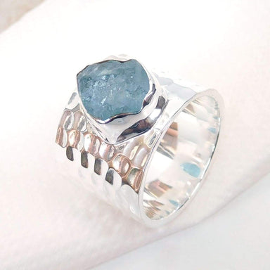 Aquamarine wide Band Hammered Ring 925 Sterling Silver Birthstone Jewelry-J039 - by Arte De Joyas