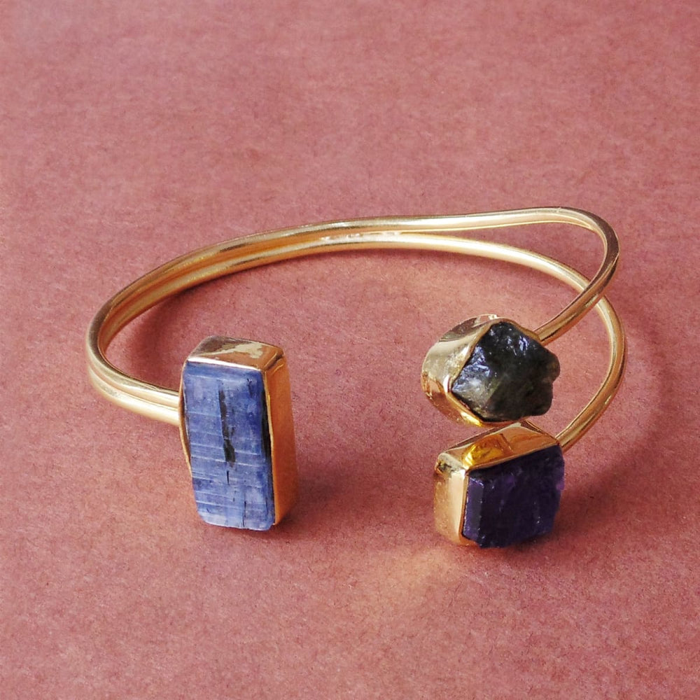Artisan Crafted 18K Gold Plated Blue Kyanite Amethyst And Peridot Gemstone Cuff Bracelet - by Bhagat Jewels