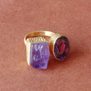 Artisan Made In 18K Gold Plated Amethyst Gemstone Adjustable Ring - by Bhagat Jewels
