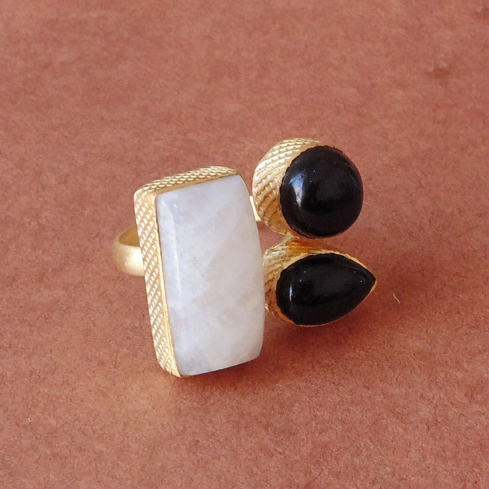 Artisan Made In 18K Yellow Gold Plated Rainbow Moonstone And Black Onyx Gemstone Ring - by Bhagat Jewels