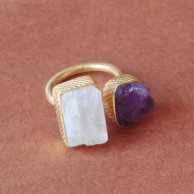 Attractive Style Real Rainbow Moonstone And Amethyst Birthstone Adjustable Ring - by Bhagat Jewels