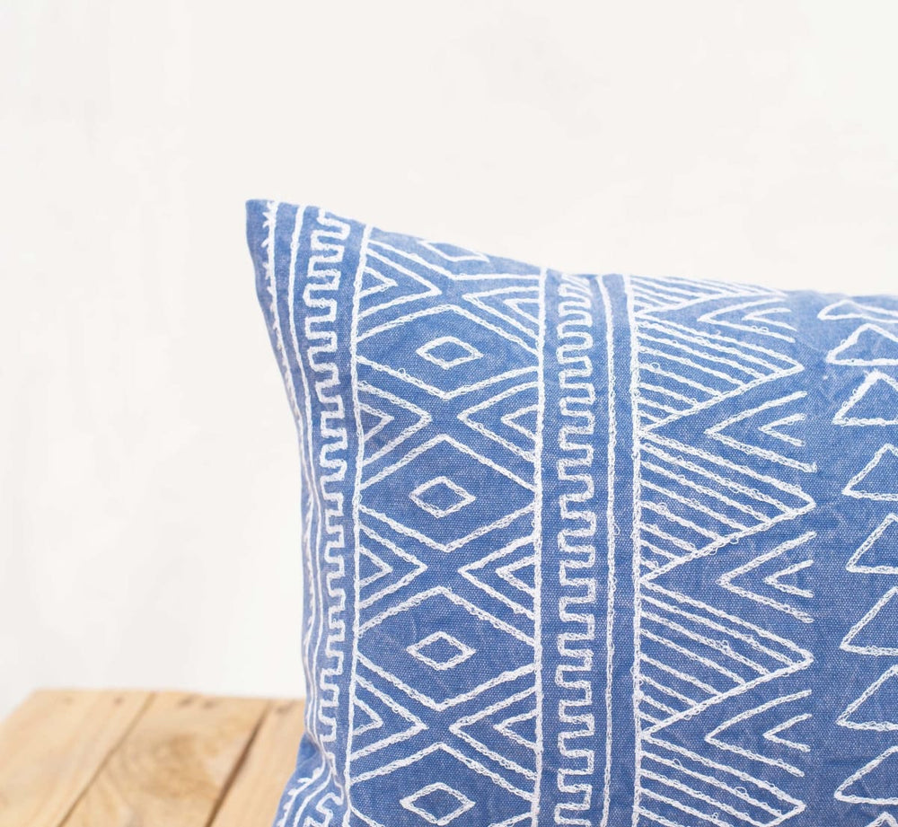 Aztec Pattern Pillow Cover Blue Colour Embroidery Geometrical Cotton Cover,14x21 - By Vliving