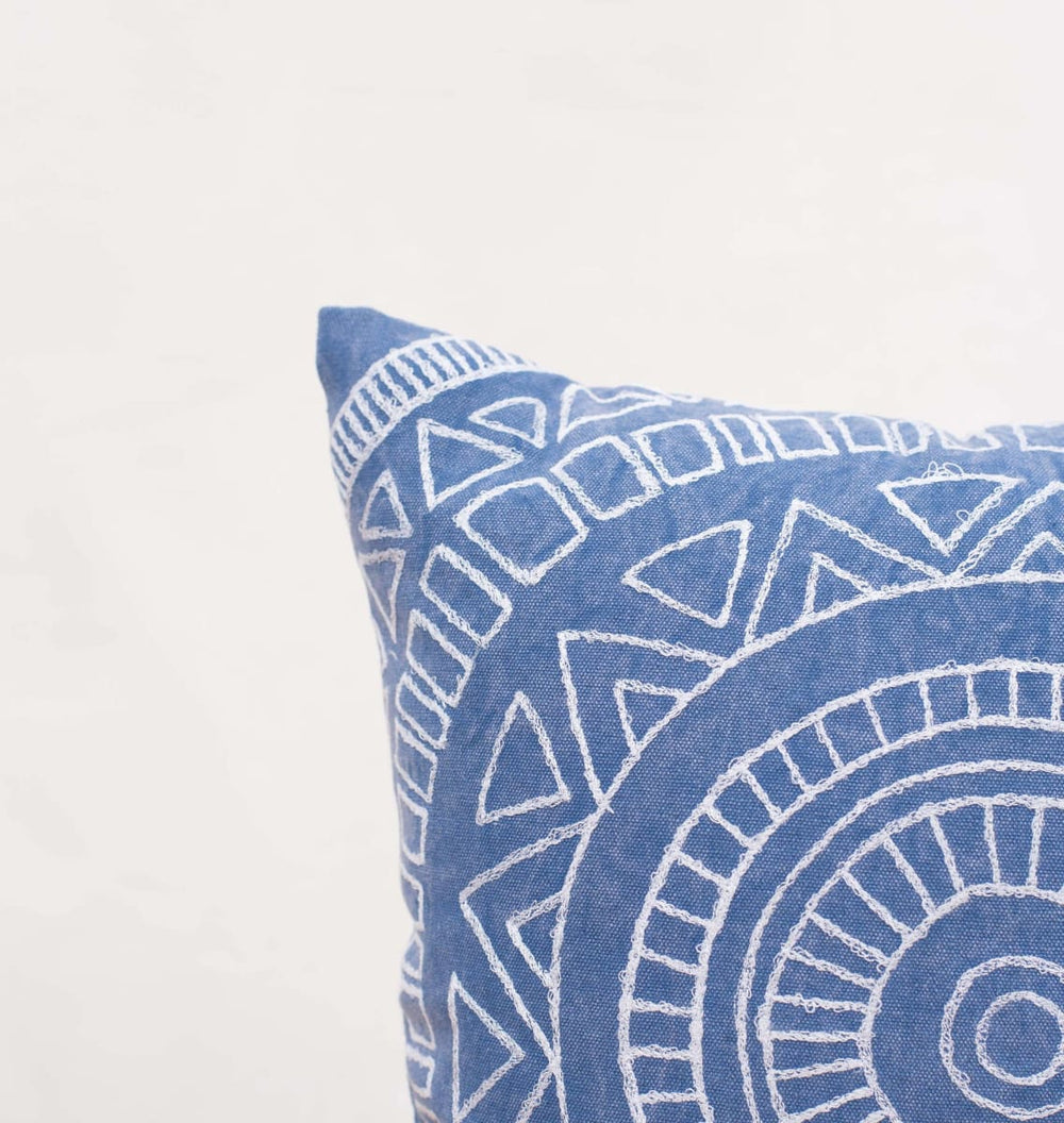 Aztec Pattern Pillow Cover Blue Colour Embroidery Geometrical Cotton Cover,16x16 - By Vliving