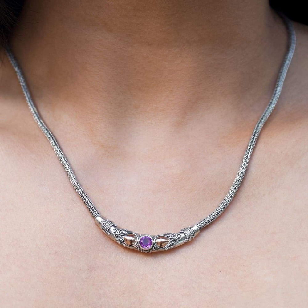 Necklaces Bali Amethyst Silver Necklace with Gold Accent 18k Gemstone Handmade Jewelry Gift - by Craftnez