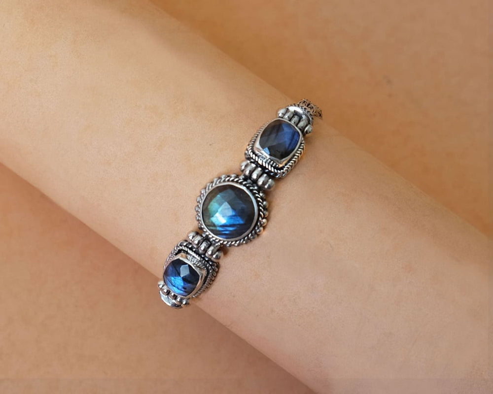 Bali Silver Bracelet For Women With Faceted Labradorite February Birthstone Handmade Jewelry Gift - By Aurolius
