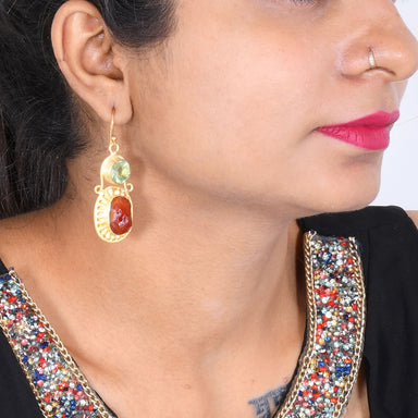Beautiful Red Carnelian And Green Amethyst Quartz Bezel Set Fashion Earrings - by Bhagat Jewels