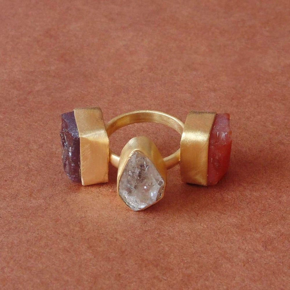 Beautiful Matte Gold Plated Raw Herkimer Diamond Garnet And Carnelian Gemstone Statement Ring - by Bhagat Jewels