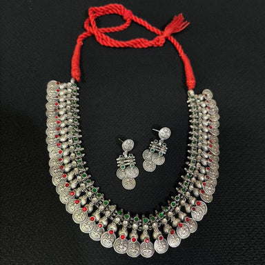 Beautiful Peacock Designed Heavy Traditional Antique Silver Necklace with Earring 925 Solid Silver Necklace with Red and Green Stone // 