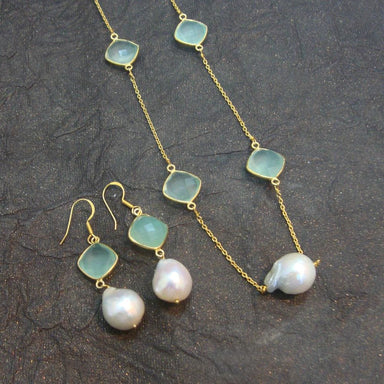 jewelry set Beautiful Pearl & Aqua Chalcedony 925 Sterling Silver With Gold Plated Necklace Earrings - by Vidita Jewels