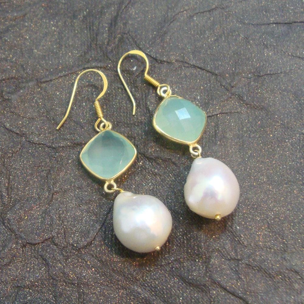 jewelry set Beautiful Pearl & Aqua Chalcedony 925 Sterling Silver With Gold Plated Necklace Earrings - by Vidita Jewels