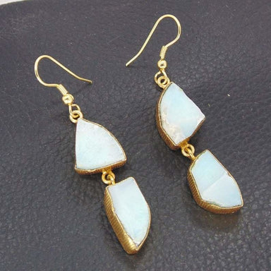 Beauty 18K Gold Plated Natural Blue Larimar Gemstone Bezel Set Dangle Earrings