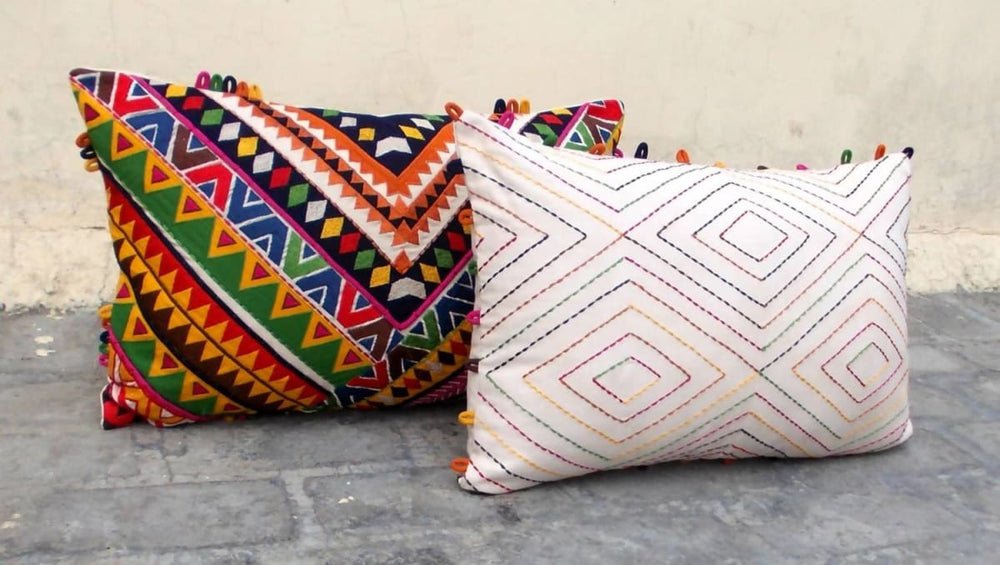Beige Tribal Pillow Multicolor Embroidery Diamond Pattern Bohemian Cotton Throw Ethnic Fabric Loop Edging Size 14x21 Inches - By Vliving