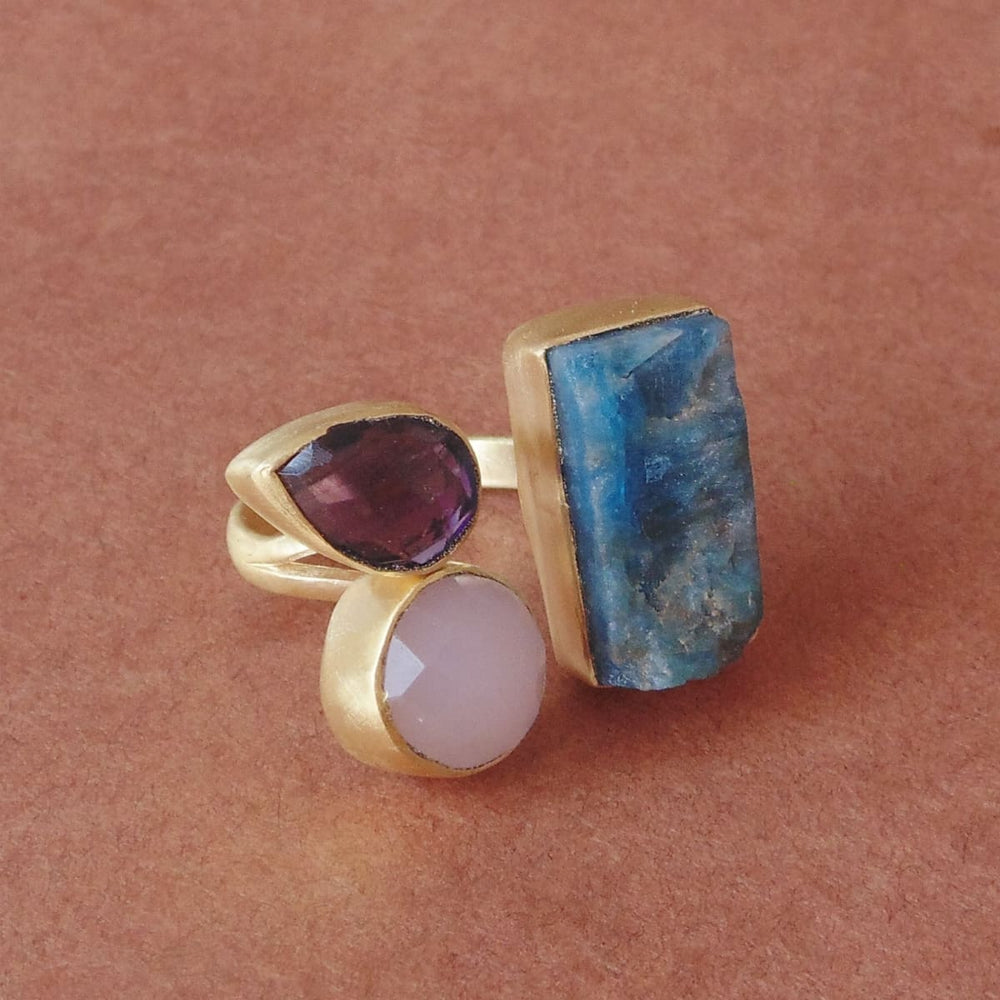 Best Selling Raw Apatite Amethyst And Rose Quartz Stone Cocktail Ring - by Bhagat Jewels
