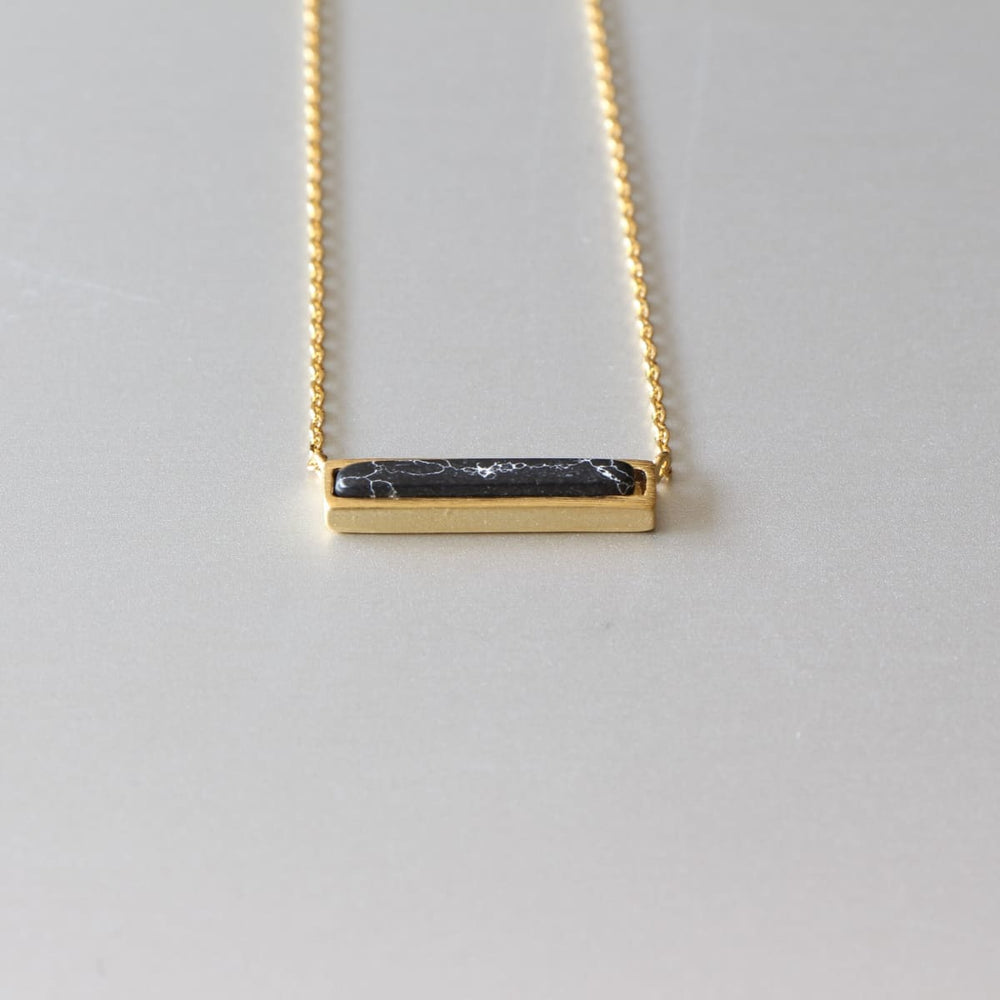 Black Howlite Bar Gold Necklace Minimalist Neck Charm Gold Plated Brass Elegant Gift N5 - By Silver Soul Charms