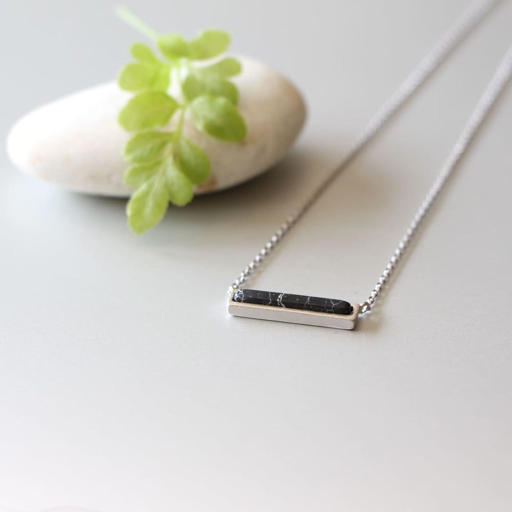 Black Howlite Bar Necklace Silver Neck Charm Rhodium Plated Brass Elegant Gift N9 - By Soul Charms