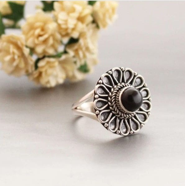 Black Onyx 925 Sterling Silver Ring Designer Jewellery Round Gemstone Gift Handmade Jewelry - by Inishacreation