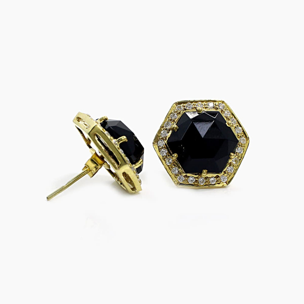 Black Onyx with Cz Silver Stud Earrings - by Nehal Jewelry