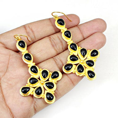 Black Onyx Gemstone Earring Gold Plated Long Hanging Dangling Women Earrings - By Nehal Jewelry