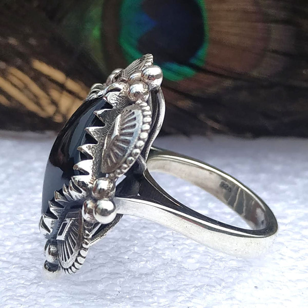 rings Black Onyx Leaf 925 Sterling Silver Southwest Style Ring handcrafted Jewelry,Gift for her - by InishaCreation