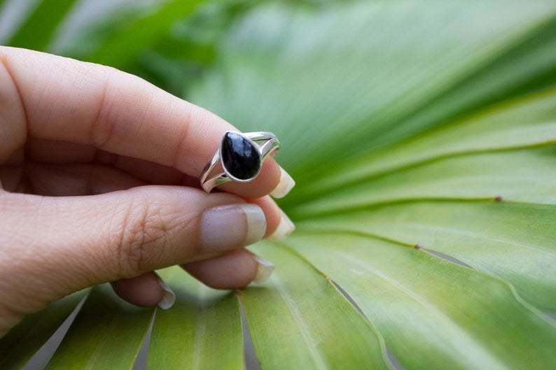 rings Black Onyx Natural Gemstone 925 Sterling Silver Tear Drop Ring,Handmade Jewelry,For Her - by jaipur art jewels