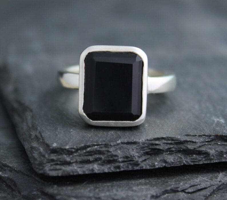 rings Emerald Cut Black Onyx Ring 10mm X 12mm Rectangle Solitaire Gemstone - by InishaCreation