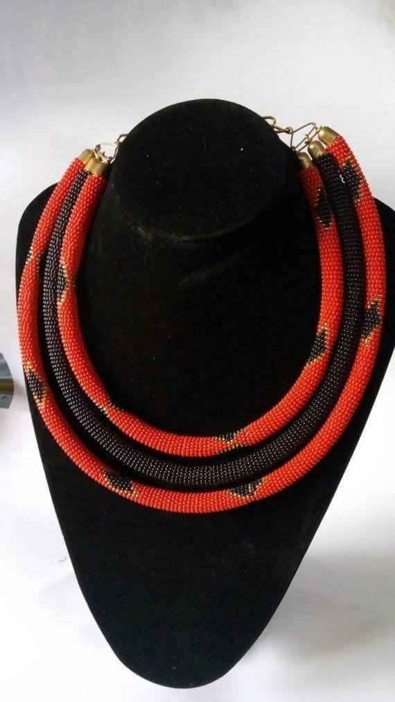 Black & Red Beaded Necklace Double Tribal Maasai Jewelry - By Naruki Crafts