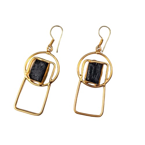 Raw Black Tourmaline Gemstone 18K Gold Plated Designer Earrings - by Krti Handicrafts