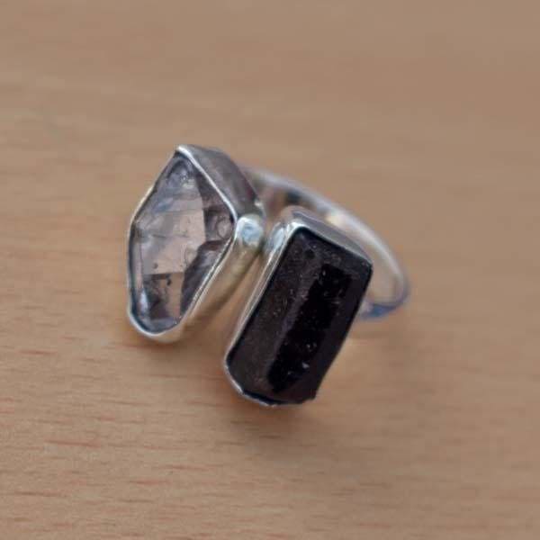 rings Black tourmaline raw herkimer diamond 925 sterling silver ring handcrafted jewelry wedding anniversary gift for women - by jaipur art 