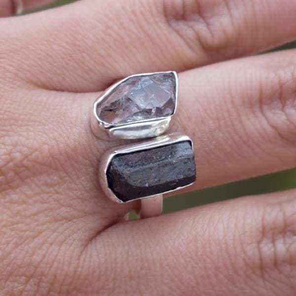 rings Black tourmaline raw herkimer diamond 925 sterling silver ring handcrafted jewelry wedding anniversary gift for women - by jaipur art 