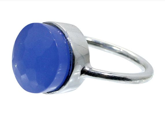 Blue Chalcedony Bezel Set Ring Plain Cabochon 925 Sterling Silver Football Cut Stone Gemstone - by Nehal Jewelry