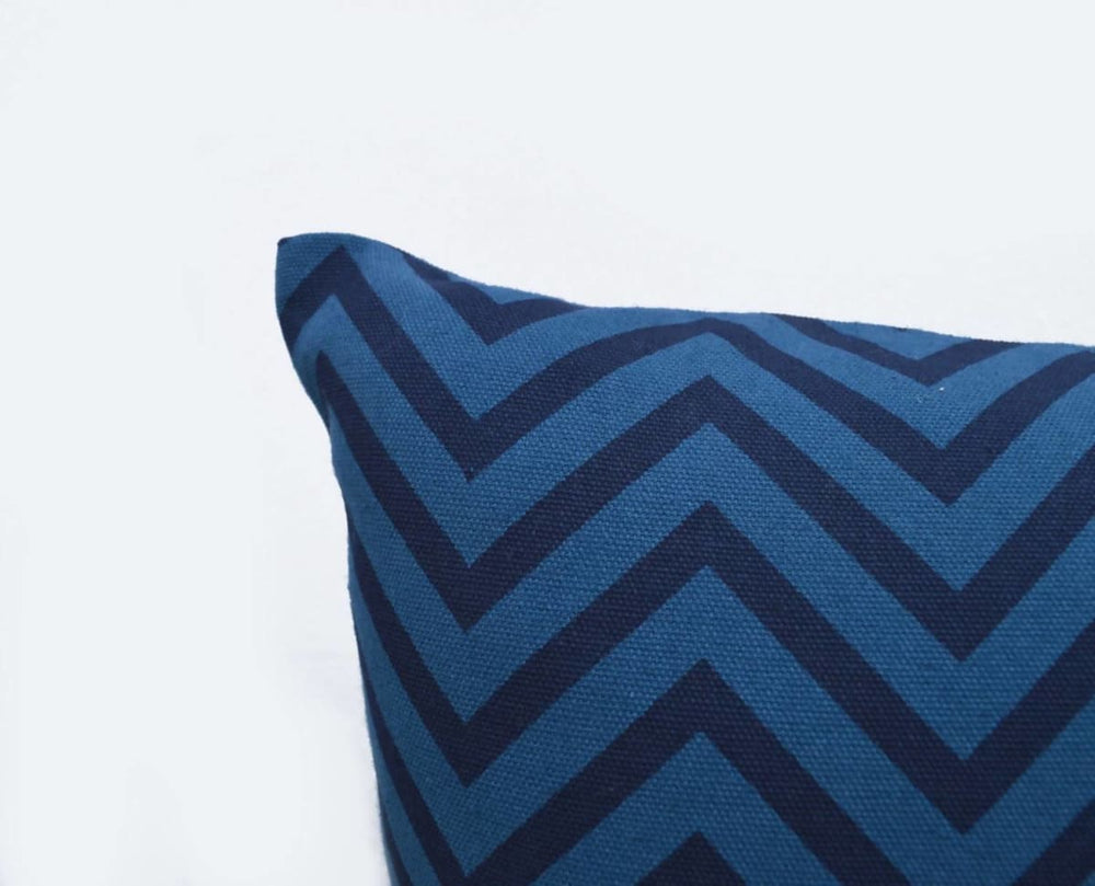 Blue Chevron Pillow Cotton Print In Back & Front Reversible Cushion Standard Size 16x16 Inches Other Sizes Available - By Vliving