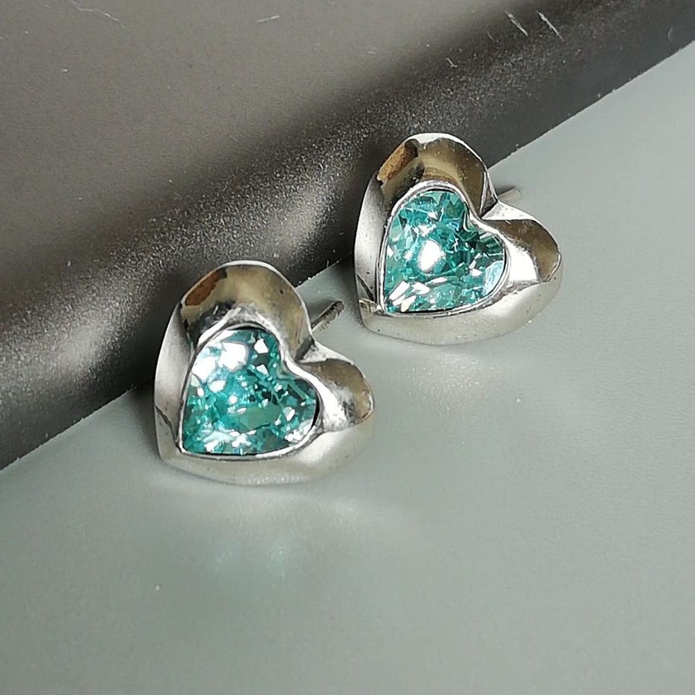 Blue Cz heart stud | Sterling silver cubic zirconia ear studs | Gift earrings | E1043 - by OneYellowButterfly