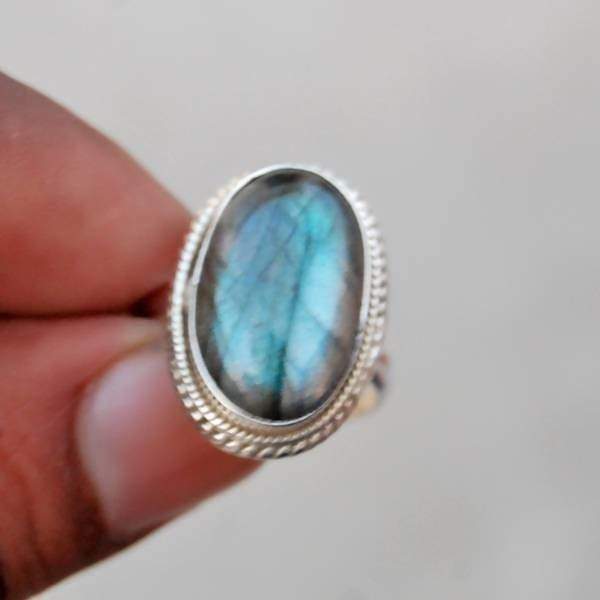 Blue Fire Labradorite Oval Silver Ring - Rings