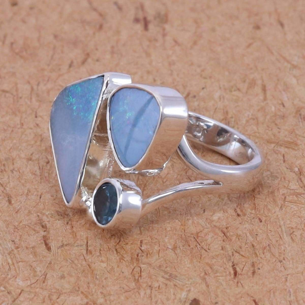 rings Blue Fire Real Doublet Opal Rings Fancy Shape Gemstone 925 Silver Topaz Stylish and Swiss Handmade Ring - by Rajtarang