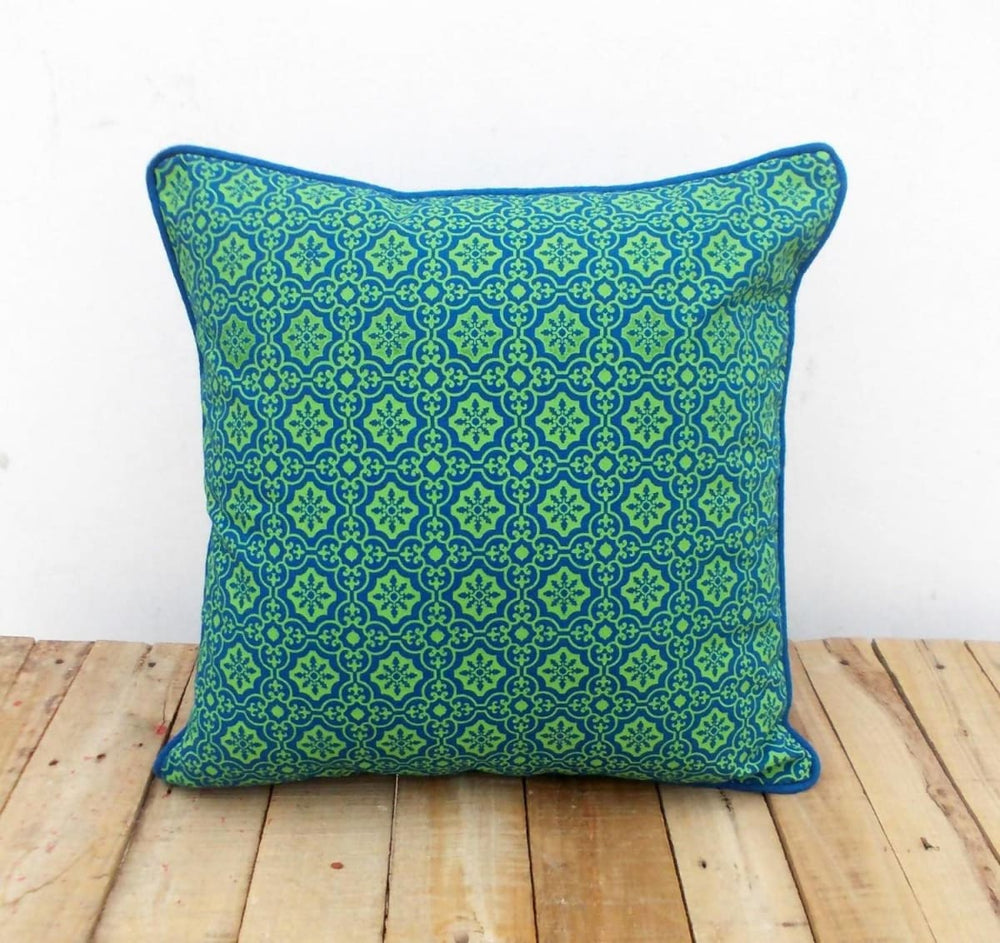 Blue And Green Throw Pillow Cover Tile Print Cotton Sizes Available. - By Vliving