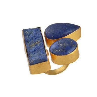 rings Blue Lapis Lazuli Gemstone Adjustable Ring 18K Gold Plated - by Krti Handicrafts