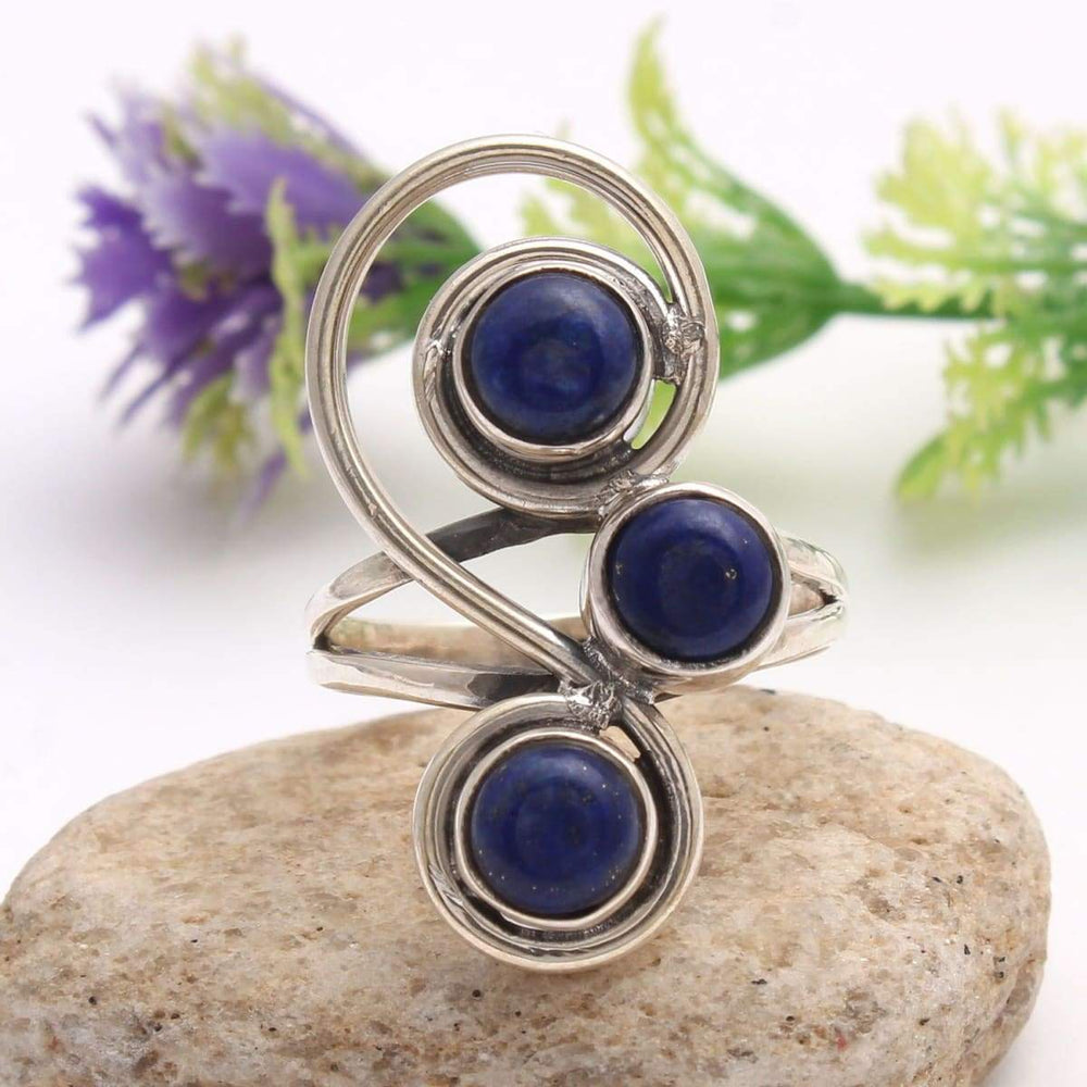 Blue Lapis Lazuli Gemstone Round Ring -925 Sterling Silver Hand Made US Size - by Manjari Jewels