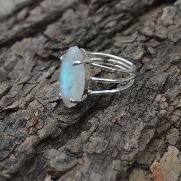 Blue Rainbow Moonstone Gemstone Solid 925 Sterling silver Ring 22K Yellow Gold Filled Rose - by Subham Jewels