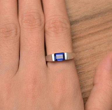 rings Blue sapphire proposal emerald cut east west ring September Birthstone Minimalist For her - by InishaCreation