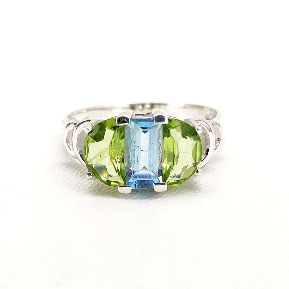 Blue Topaz and Peridot Ring Baguette Cut Half Moon December & August Birthstone Unique Modern Sterling Silver Gift for her - by 