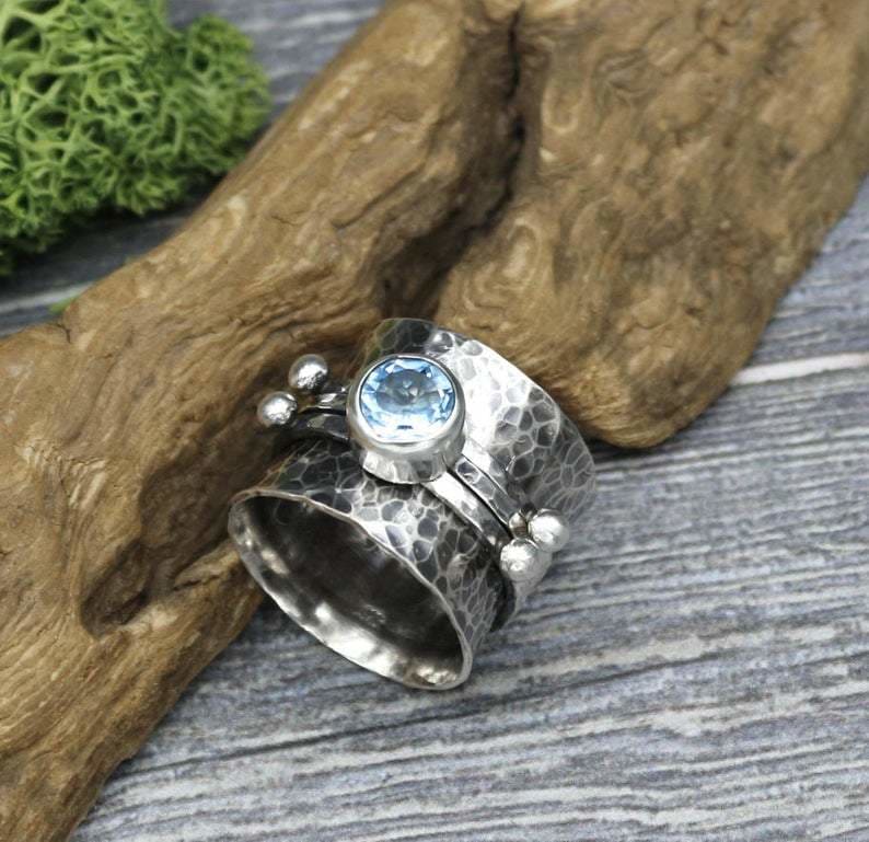 rings Blue Topaz Spinner Ring Wide Band Natural Stone Quote Message Silver Sterling for Woman - by InishaCreation