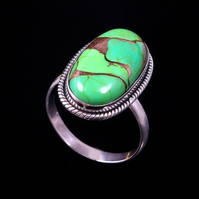 rings Bohemian Green Copper Turquoise Cocktail 925 Sterling Silver Ring,Oval Gemstone,Gift for Her - by jaipur art jewels