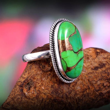 rings Bohemian Green Copper Turquoise Cocktail 925 Sterling Silver Ring,Oval Gemstone,Gift for Her - by jaipur art jewels