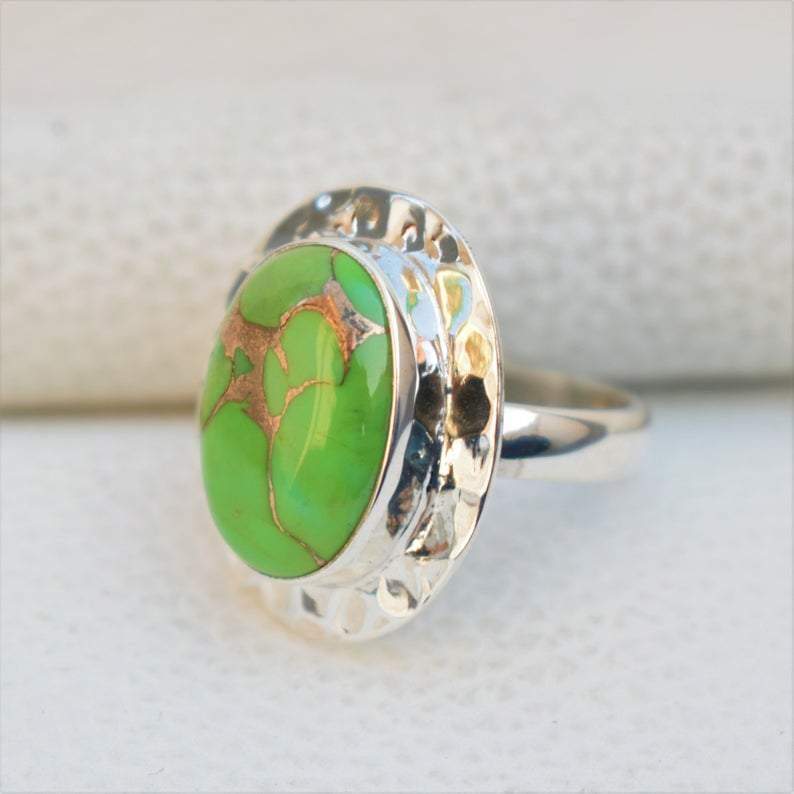 green copper turquoise ring natural gemstone 925 sterling silver handmade women jewelry hammered - by jaipur art jewels