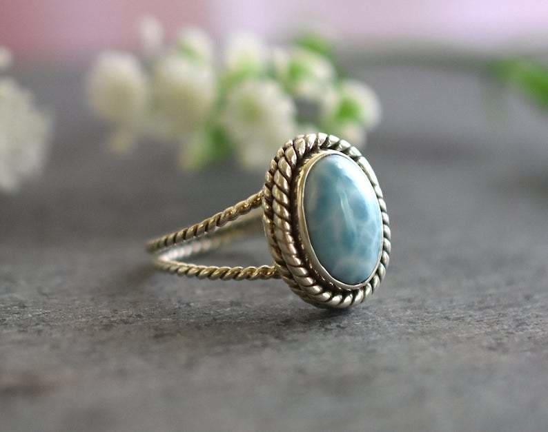 rings Boho Larimar 925 Sterling Silver Statement Ring Handcrafted Jewelry For Her - by GIRIVAR CREATIONS
