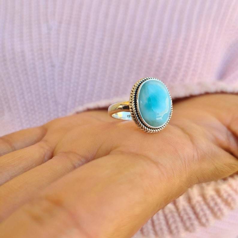 rings Boho Larimar Minimalist 925 Sterling Silver Statement Ring Handcrafted Jewelry For Her - by GIRIVAR CREATIONS